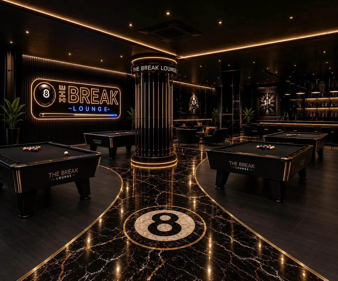 Pool table lit by neon signs