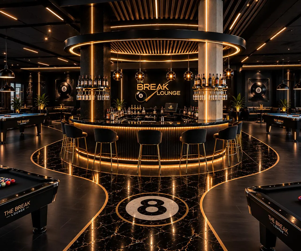 The Break Lounge bar with warm lighting and screens