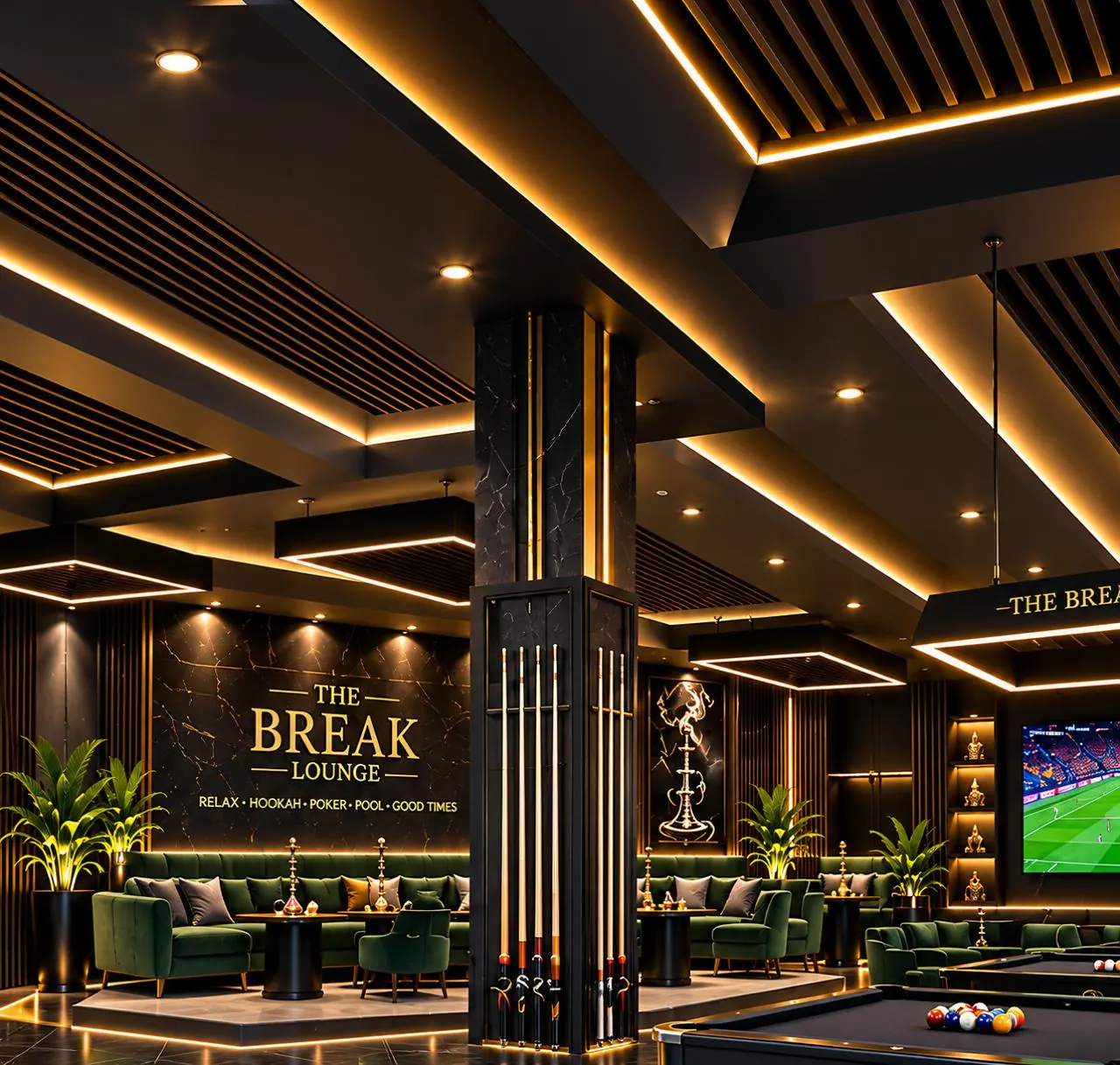 Green velvet booths and hookahs in the lounge